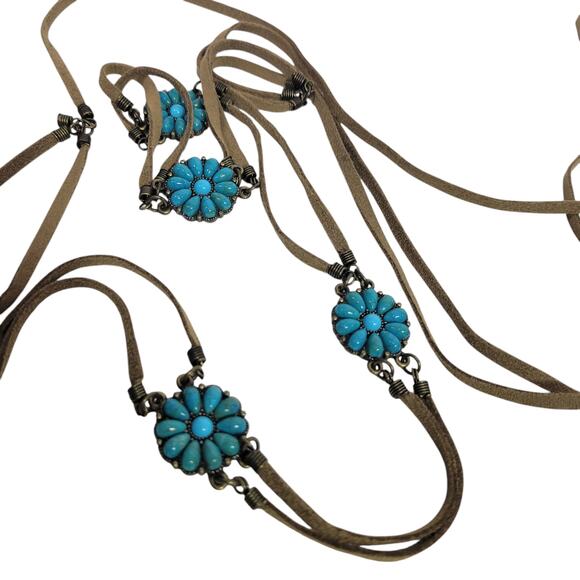 Vintage Turquoise Leather Chain Belt Western Cowgirl Medallion Concho One Size - Picture 10 of 14